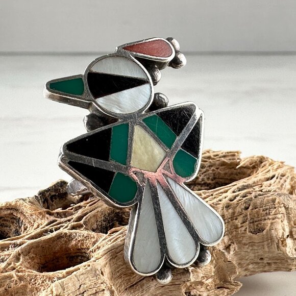 Early Vintage Zuni Native American Bird Ring Inlaid Gemstones Size 5 - Picture 4 of 13
